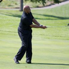 LAFAYETTE HILL, PA - SEPTEMBER 11: NBA Hall of Famer Charles Barkley plays his shot during the Julius Erving Golf Classic at The ACE Club on September 11, 2017 in Lafayette Hill, Pennsylvania. (Photo by Mitchell Leff/Getty Images for PGD Global)