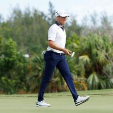 SOUTHAMPTON, BERMUDA - NOVEMBER 01:  Kramer Hickok of the United States reacts on the sixth green during the final round of the Bermuda Championship at Port Royal Golf Course on November 01, 2020 in Southampton, Bermuda. (Photo by Gregory Shamus/Getty Images)