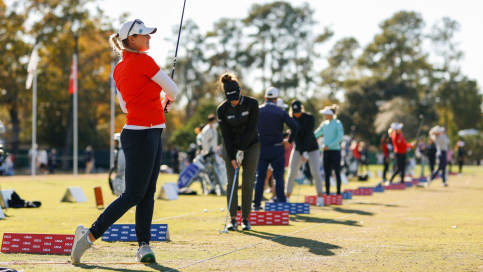 Players hits shots in the practice area during the practice round at the 2020 U.S. Women's Open at Champions Golf Club in Houston, Texas on Monday, Dec. 7, 2020. (Chris Keane/USGA)