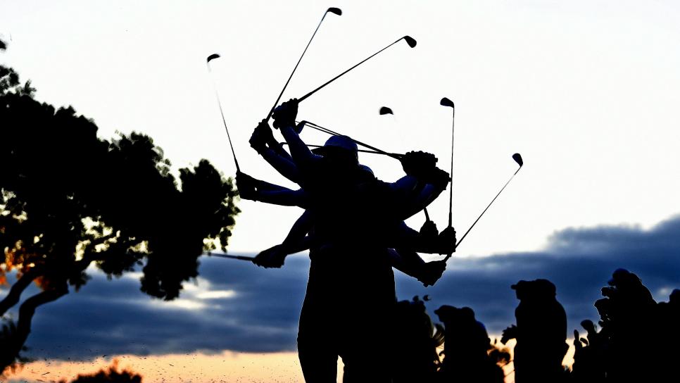 SOTOGRANDE, SPAIN - SEPTEMBER 03:  (EDITORS NOTE: MUTIPLE EXPOSURE USED TO CREATE IMAGE)  A competitor warms up on the driving range ahead of the first round of the Estrella Damm N.A. Andalucia Masters at Real Club Valderrama on September 03, 2020 in Sotogrande, Spain. (Photo by Octavio Passos/Getty Images)