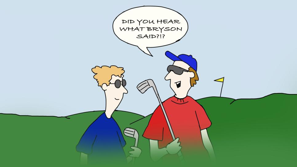Vector illustration of two golfers talking on a golf course. The talk bubble is on a separate layer,Can be used with or without.