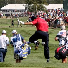 LOUISVILLE, KY - SEPTEMBER 21:  Boo Weekley of the USA team clowns around as he walks off the first tee during the singles matches on the final day of the 2008 Ryder Cup at Valhalla Golf Club on September 21, 2008 in Louisville, Kentucky.  (Photo by David Cannon/Getty Images)