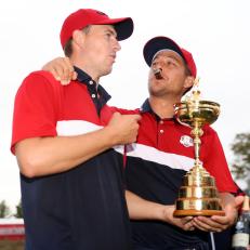 KOHLER, WISCONSIN - SEPTEMBER 26:  Xander Schauffele and Jordan Spieth of team United States celebrate after defeating Team Europe 19 to 9 during Sunday Singles Matches of the 43rd Ryder Cup at Whistling Straits on September 26, 2021 in Kohler, Wisconsin. (Photo by Warren Little/Getty Images)