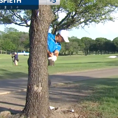 Jordan Spieth pulls off incredible recovery shot against a tree to start his second round at AT&T Byron Nelson