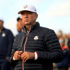 PARIS, FRANCE - SEPTEMBER 28:  Vice-Captain Davis Love III of the United States looks on during the morning fourball matches of the 2018 Ryder Cup at Le Golf National on September 28, 2018 in Paris, France.  (Photo by Mike Ehrmann/Getty Images)