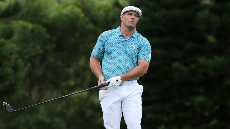 KAPALUA, HAWAII - JANUARY 09: Bryson DeChambeau of the United States reacts to his shot from the 18th tee during the third round of the Sentry Tournament Of Champions at the Kapalua Plantation Course on January 09, 2021 in Kapalua, Hawaii. (Photo by Gregory Shamus/Getty Images)