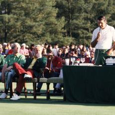 AUGUSTA, GA - APRIL 1971:  Masters Champion Charles Coody speaks at the Presentation Ceremony with (from left) Billy Casper, Johnny Miller and Jack Nicklaus during the 1971 Masters Tournament at Augusta National Golf Club on April 11th, 1971 in Augusta, Georgia. (Photo by Augusta National/Getty Images)
