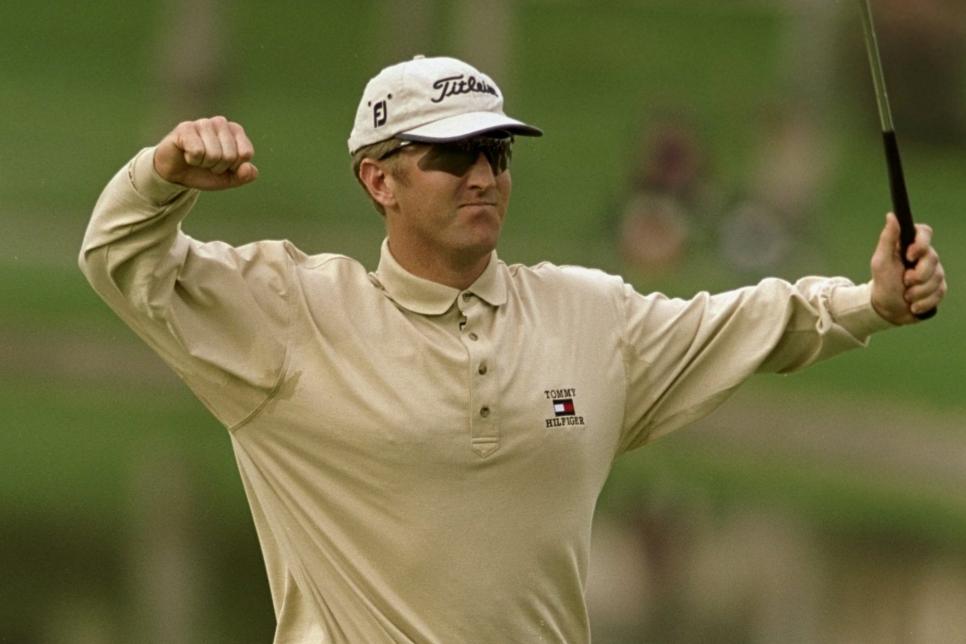 24 Jan 1999: David Duval celebrates after a 59 score during the Bob Hope Chrysler Classic at the PGA West Palmer Country Club in La Quinta, California. Mandatory Credit: Harry How  /Allsport