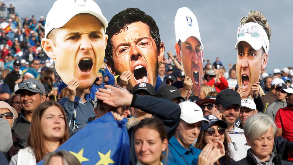 European fans with big cardboard heads of Justin Rose, Rory McIlroy, Sergio Garcia and Ian Poulter during day three of the 2018 Ryder Cup at Le Golf National near Versailles on September 30th 2018 in France (Photo by Tom Jenkins)