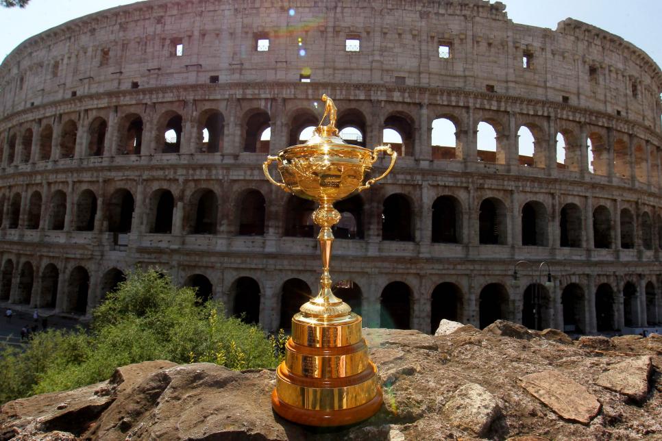 ROME, ITALY - SEPTEMBER 13: A general view of the Ryder Cup Trophy in front of the Coliseum during the Ryder Cup Trophy Tour event on September 13, 2016 in Rome, Italy.The Ryder Cup Trophy Tour will visit several locations across Europe over the coming months to promote the 2016 Ryder Cup which will be held at Hazeltine National Golf Club in Minnesota, from September 30th  (Photo by Paolo Bruno/Getty Images for Ryder Cup Trophy Tour)