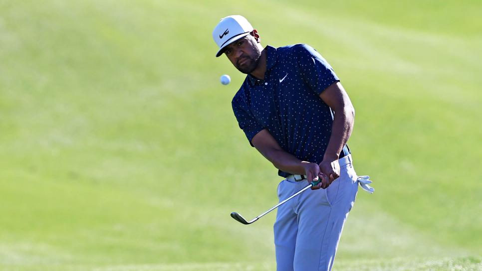 LA QUINTA, CALIFORNIA - JANUARY 24: Tony Finau chips onto the 11th green during the final round of The American Express tournament on the Stadium course at PGA West on January 24, 2021 in La Quinta, California. (Photo by Sean M. Haffey/Getty Images)