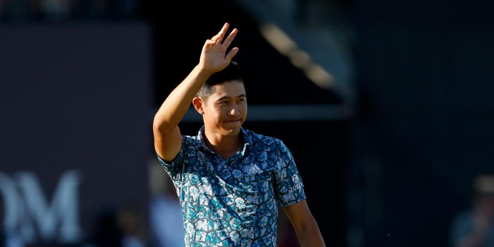 SANDWICH, ENGLAND - JULY 18: Collin Morikawa of the United States celebrates after his putt on the 18th hole as he wins The Open to become Open Champion during Day Four of The 149th Open at Royal St Georgeâ  s Golf Club on July 18, 2021 in Sandwich, England. (Photo by Oisin Keniry/Getty Images)