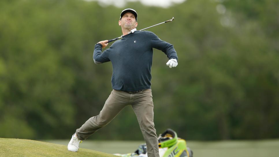 DALLAS, TEXAS - MAY 10: (Sequence 5 of 9) Matt Every of the United States throws his club after playing his second shot out of the bunker on the 14th hole during the second round of the AT&T Byron Nelson at Trinity Forest Golf Club on May 10, 2019 in Dallas, Texas. (Photo by Michael Reaves/Getty Images)
