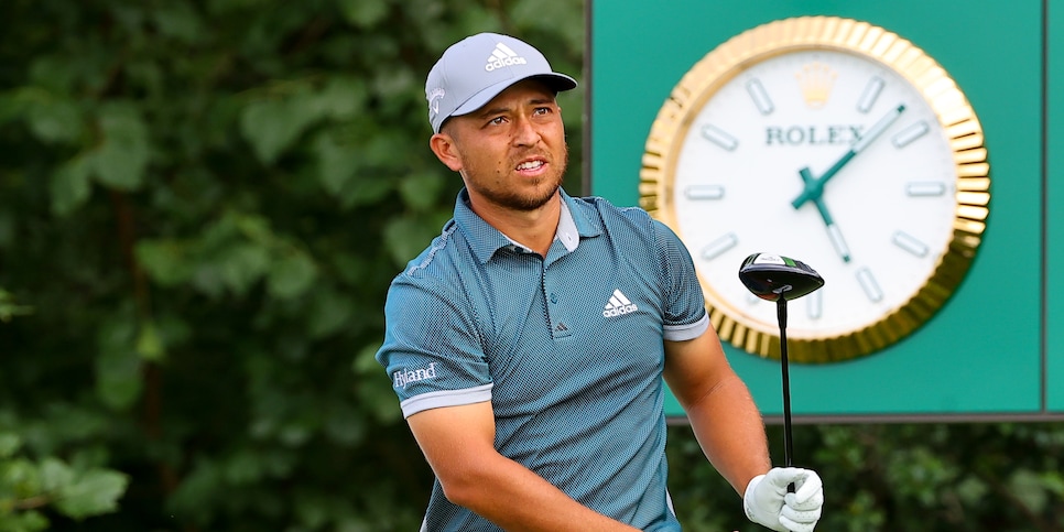 JERSEY CITY, NJ - AUGUST 20: Xander Schauffele of the United States tees off at the 16th tee during the second round of the Northern Trust golf tournament on August 20, 2021 at Liberty National Golf Club in Jersey City, NJ.(Photo by Rich Graessle/Icon Sportswire via Getty Images)