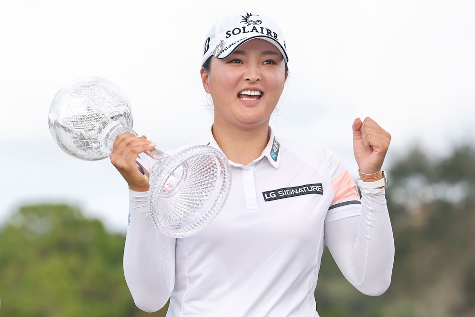 NAPLES, FLORIDA - NOVEMBER 21: Jin Young Ko of Korea poses for a photo with the CME Globe trophy after winning the CME Group Tour Championship at Tiburon Golf Club on November 21, 2021 in Naples, Florida. (Photo by Michael Reaves/Getty Images)