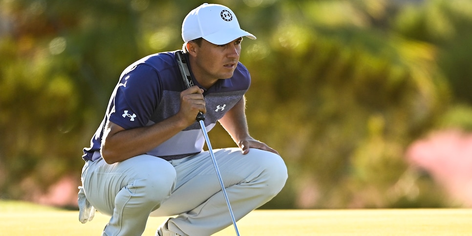 LAS VEGAS, NEVADA - OCTOBER 14:  Jordan Spieth of the United States lines up a putt on the 17th green during the first round of THE CJ CUP @ SUMMIT at The Summit Club on October 14, 2021 in Las Vegas, Nevada. (Photo by Alex Goodlett/Getty Images for CJ Cup @ Summit)