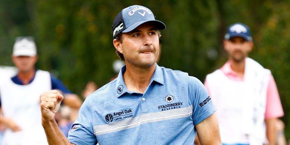 GREENSBORO, NORTH CAROLINA - AUGUST 15: Kevin Kisner of the United States celebrates his birdie putt on the 18th green to win the sudden death second-playoff hole during the final round of the Wyndham Championship at Sedgefield Country Club on August 15, 2021 in Greensboro, North Carolina. (Photo by Jared C. Tilton/Getty Images)