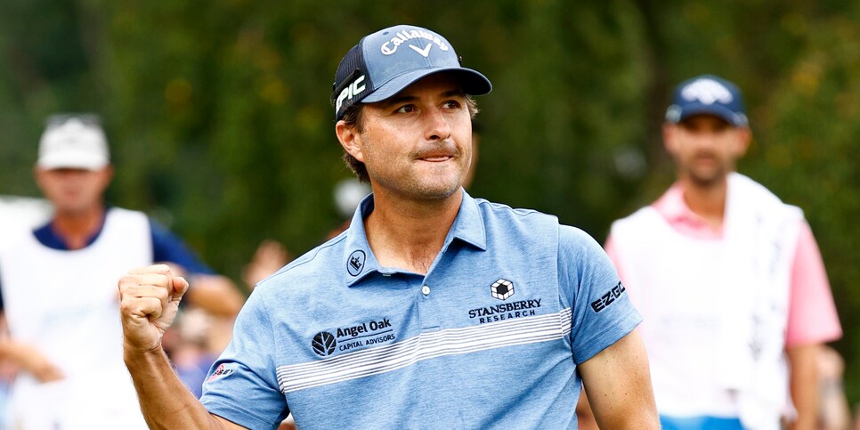 GREENSBORO, NORTH CAROLINA - AUGUST 15: Kevin Kisner of the United States celebrates his birdie putt on the 18th green to win the sudden death second-playoff hole during the final round of the Wyndham Championship at Sedgefield Country Club on August 15, 2021 in Greensboro, North Carolina. (Photo by Jared C. Tilton/Getty Images)