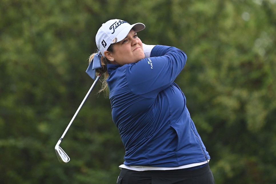 BALLYMENA, NORTHERN IRELAND - JULY 29:   Liz Nagel of the United States tees off during the first round of The ISPS HANDA World Invitational at Galgorm Spa & Golf Resort on July 29, 2021 in Ballymena, United Kingdom. (Photo by Charles McQuillan/Getty Images)