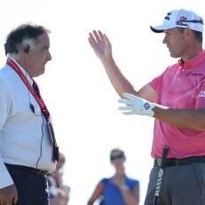 QUARTEIRA, PORTUGAL - NOVEMBER 05: Padraig Harrington of Ireland talks with a Rules Official about an incident on the second green during Day Two of the Portugal Masters at Dom Pedro Victoria Golf Course on November 05, 2021 in Quarteira, Portugal. (Photo by Warren Little/Getty Images)