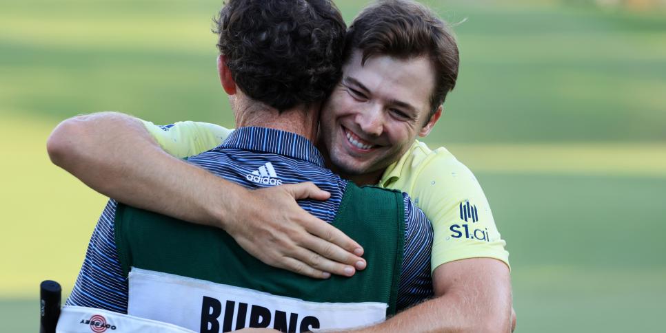 JACKSON, MISSISSIPPI - OCTOBER 03: Sam Burns reacts after winning on the 18th green during the final round of the Sanderson Farms Championship at Country Club of Jackson on October 03, 2021 in Jackson, Mississippi. (Photo by Sam Greenwood/Getty Images)