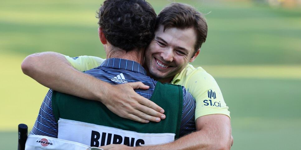 JACKSON, MISSISSIPPI - OCTOBER 03: Sam Burns reacts after winning on the 18th green during the final round of the Sanderson Farms Championship at Country Club of Jackson on October 03, 2021 in Jackson, Mississippi. (Photo by Sam Greenwood/Getty Images)