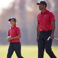 Tiger and Charlie Woods play in the second round of the the 2021 PNC Championship. Photo by Jensen Larson for Golf Digest.