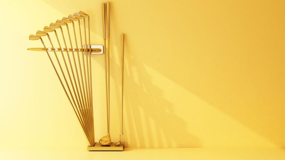 set of gold golf clubs with copy space. 3d rendering