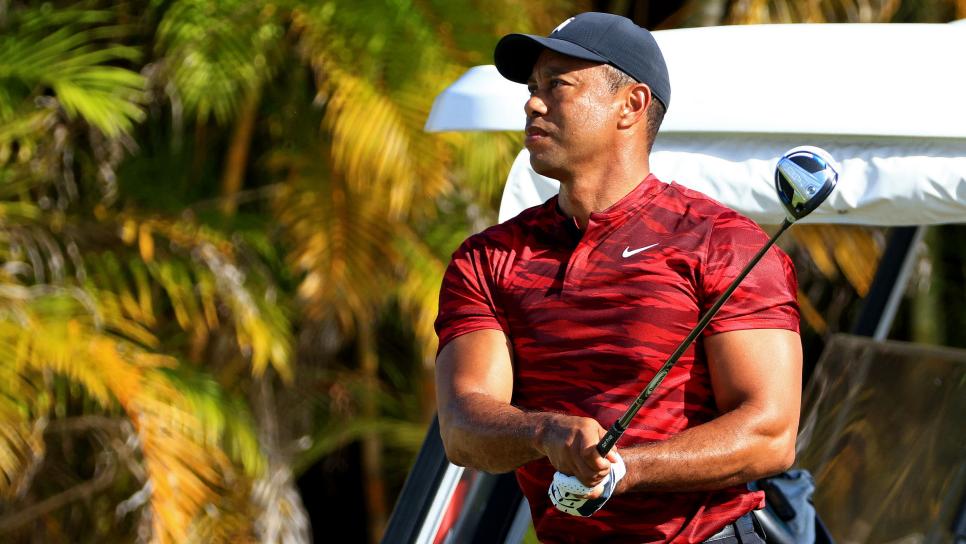NASSAU, BAHAMAS - DECEMBER 05: Tiger Woods of the United States hits balls on the range during the final round of the Hero World Challenge at Albany Golf Course on December 05, 2021 in Nassau, . (Photo by Mike Ehrmann/Getty Images)