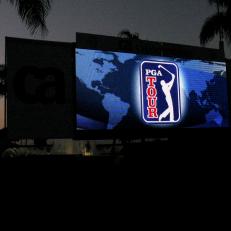 DORAL, FL - MARCH 10: The PGA TOUR logo is displayed on a video board at dusk after practice for the World Golf Championships-CA Championship held at Doral Golf Resort and Spa on March 10, 2009 in Doral, Florida. (Photo by Caryn Levy/PGA TOUR)