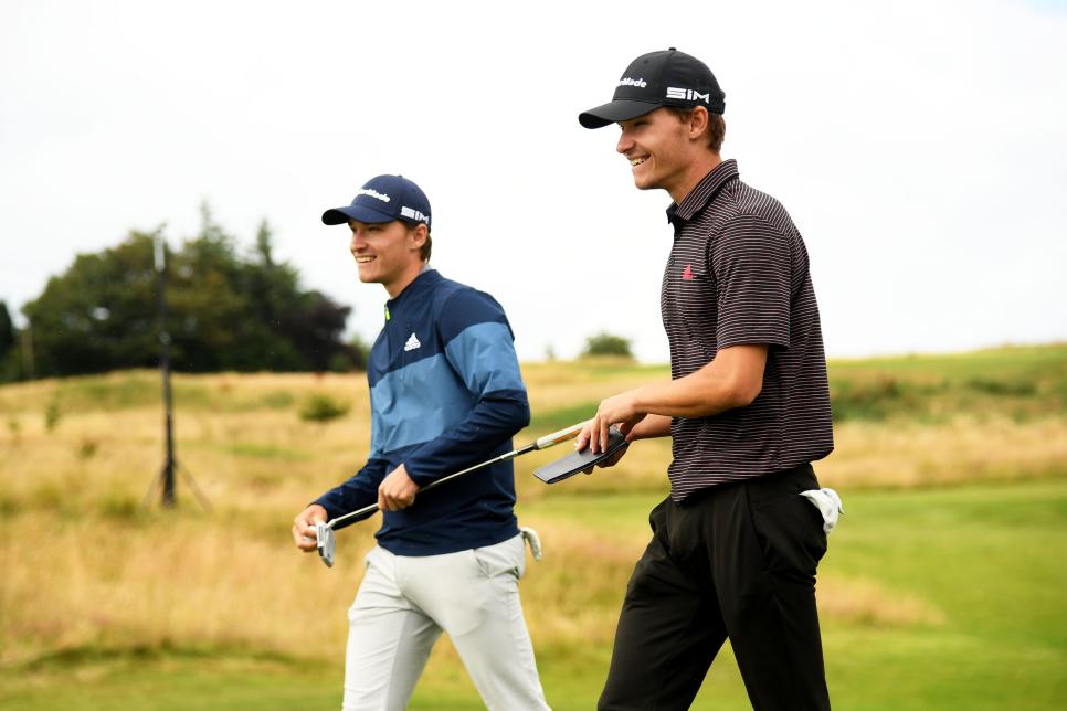 NEWCASTLE UPON TYNE, ENGLAND - JULY 21: Rasmus Hojgaard and Nicolai Hojgaard of Denmark during a practice round prior to the Betfred British Masters at Close House Golf Club on July 21, 2020 in Newcastle upon Tyne, England. (Photo by Ross Kinnaird/Getty Images)