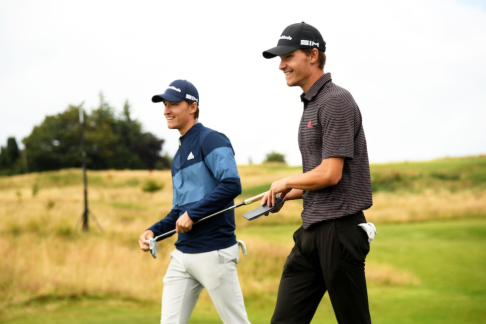 NEWCASTLE UPON TYNE, ENGLAND - JULY 21: Rasmus Hojgaard and Nicolai Hojgaard of Denmark during a practice round prior to the Betfred British Masters at Close House Golf Club on July 21, 2020 in Newcastle upon Tyne, England. (Photo by Ross Kinnaird/Getty Images)