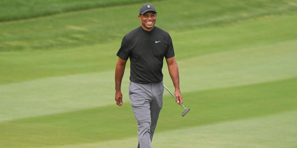 THOUSAND OAKS, CA - OCTOBER 22: Tiger Woods smiles after making a long putt on the 14th green during the first round of the ZOZO CHAMPIONSHIP @ SHERWOOD at Sherwood Country Club on October 22, 2020 in Thousand Oaks, California. (Photo by Ben Jared/PGA TOUR via Getty Images)