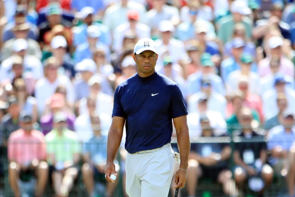 AUGUSTA, GEORGIA - APRIL 11: Tiger Woods of the United States looks on from the 15th green during the first round of the Masters at Augusta National Golf Club on April 11, 2019 in Augusta, Georgia. (Photo by Andrew Redington/Getty Images)