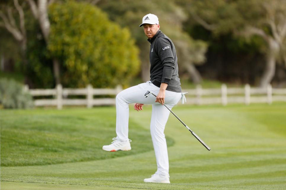PEBBLE BEACH, CALIFORNIA - FEBRUARY 14: Daniel Berger of the United States reacts on the 12th green during the final round of the AT&T Pebble Beach Pro-Am at Pebble Beach Golf Links on February 14, 2021 in Pebble Beach, California. (Photo by Steph Chambers/Getty Images)