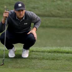 NAPA, CALIFORNIA - SEPTEMBER 11: Jordan Spieth lines up his putt on the 18th hole during round two of the Safeway Open at Silverado Resort on September 11, 2020 in Napa, California. (Photo by Jed Jacobsohn/Getty Images)