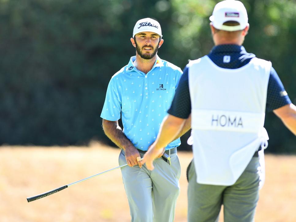 PACIFIC PALISADES, CA - FEBRUARY 21: Max Homa talks with his caddie during the final round of The Genesis Invitational golf tournament at the Riviera Country Club in Pacific Palisades, CA on February 21, 2021. The tournament was played without fans due to the COVID-19 pandemic.(Photo by Brian Rothmuller/Icon Sportswire via Getty Images)