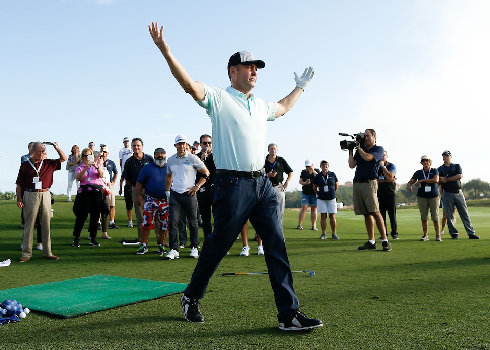 NAPLES, FL - NOVEMBER 14:  LPGA commissioner Michael Whan reacts after playing a shot during the CME Group charity event to benefit St. Jude Children's Research Hospital prior to the LPGA CME Group Tour Championship at Tiburon Golf Club on November 14, 2018 in Naples, Florida.  (Photo by Michael Reaves/Getty Images)