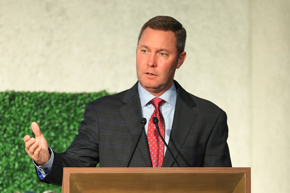 NAPLES, FL - NOVEMBER 15:  LPGA Commissioner Michael Whan presents the Commissioner's Award during the LPGA Rolex Players Awards at the Ritz-Carlton Golf Resort on November 15, 2018 in Naples, Florida.  (Photo by Mike Ehrmann/Getty Images)