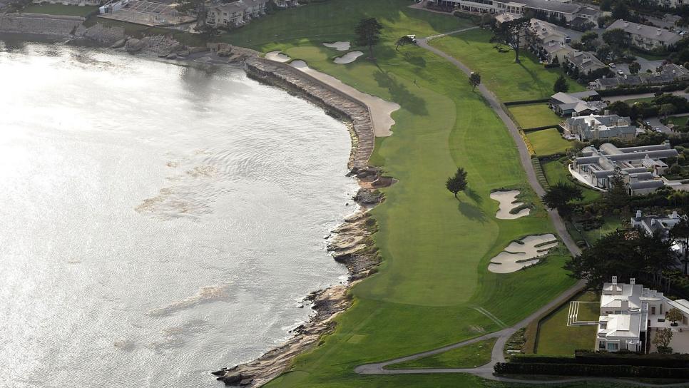 PEBBLE BEACH, CA - MAY 09:  Aerial view of the 17th and and 18th hole at the Pebble Beach Golf Links on May 9, 2010 in Pebble Beach, California.  (Photo by Harry How/Getty Images)
