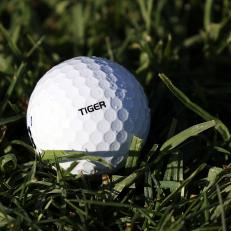 PACIFIC PALISADES, CALIFORNIA - FEBRUARY 15: A detail of the ball of Tiger Woods of the United States in the rough on the 10th hole during the third round of the Genesis Invitational at Riviera Country Club on February 15, 2020 in Pacific Palisades, California. (Photo by Chris Trotman/Getty Images)