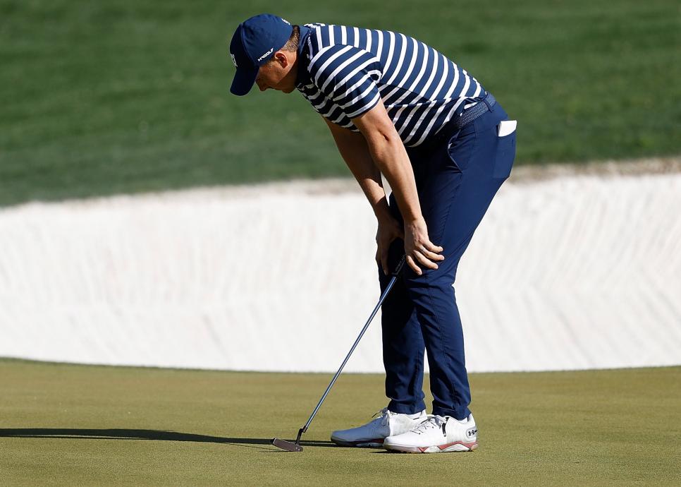 SCOTTSDALE, ARIZONA - FEBRUARY 07: Jordan Spieth of the United States reacts to a putt on the 12th green during the final round of the Waste Management Phoenix Open at TPC Scottsdale on February 07, 2021 in Scottsdale, Arizona. (Photo by Christian Petersen/Getty Images)