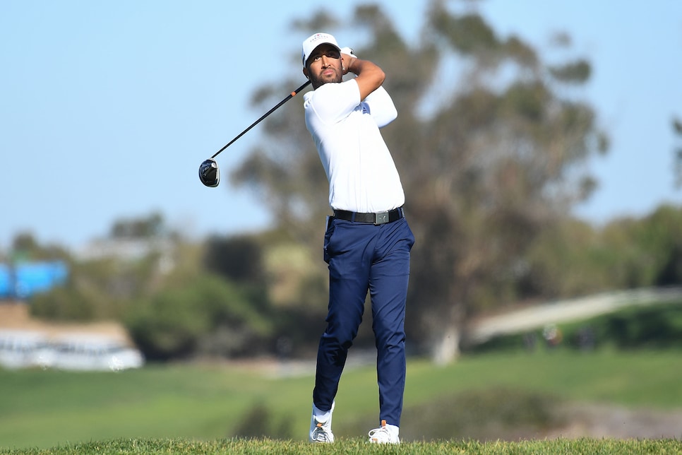 LA JOLLA, CA - JANUARY 28: Willie Mack III watches his tee shot on the 5th hole on the South Course during the first round of the Farmers Insurance Open golf tournament at Torrey Pines Municipal Golf Course on January 28, 2021. The tournament was played without fans due to the COVID-19 pandemic. (Photo by Brian Rothmuller/Icon Sportswire via Getty Images)