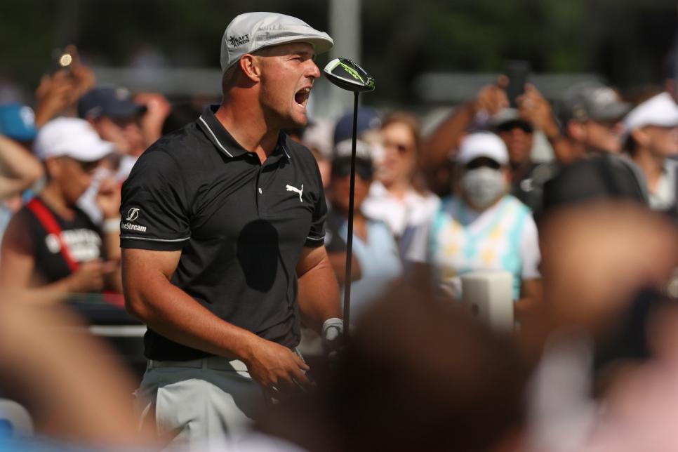 DETROIT, MICHIGAN - JULY 01: Bryson DeChambeau reacts to his tee shot on the third tee during the first round of the Rocket Mortgage Classic on July 01, 2021 at the Detroit Golf Club in Detroit, Michigan. (Photo by Gregory Shamus/Getty Images)