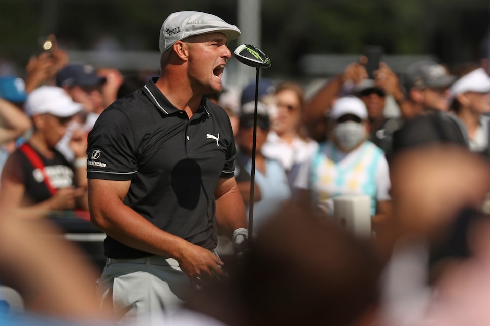 DETROIT, MICHIGAN - JULY 01: Bryson DeChambeau reacts to his tee shot on the third tee during the first round of the Rocket Mortgage Classic on July 01, 2021 at the Detroit Golf Club in Detroit, Michigan. (Photo by Gregory Shamus/Getty Images)