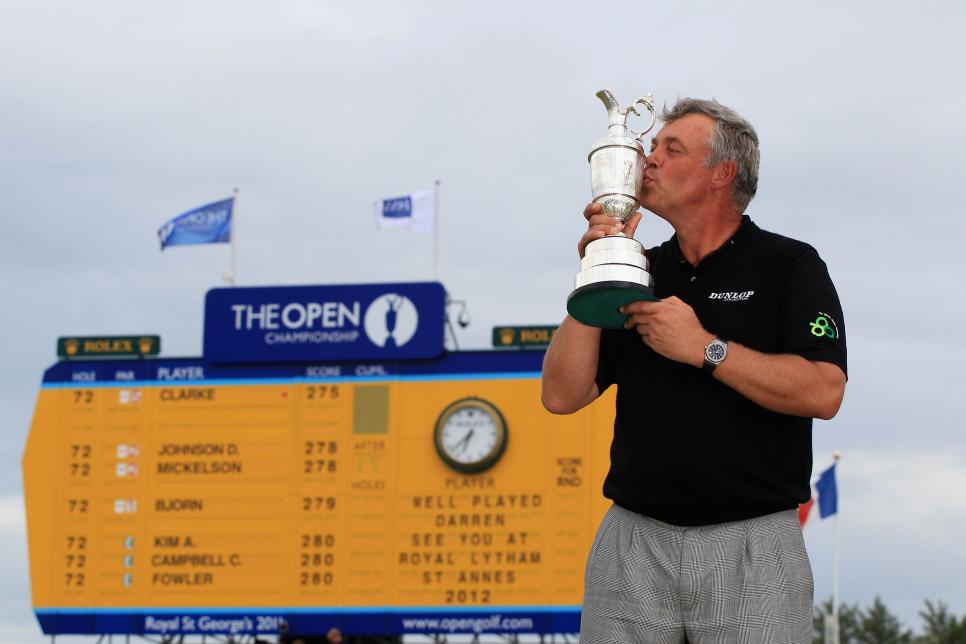 SANDWICH, ENGLAND - JULY 17:  Darren Clarke of Northern Ireland kisses the Claret Jug following his victory at the end of the final round of The 140th Open Championship at Royal St George's on July 17, 2011 in Sandwich, England.  (Photo by Streeter Lecka/Getty Images)