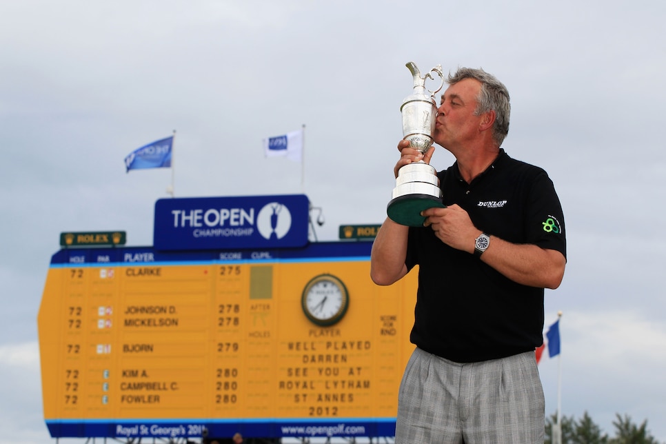 SANDWICH, ENGLAND - JULY 17:  Darren Clarke of Northern Ireland kisses the Claret Jug following his victory at the end of the final round of The 140th Open Championship at Royal St George's on July 17, 2011 in Sandwich, England.  (Photo by Streeter Lecka/Getty Images)