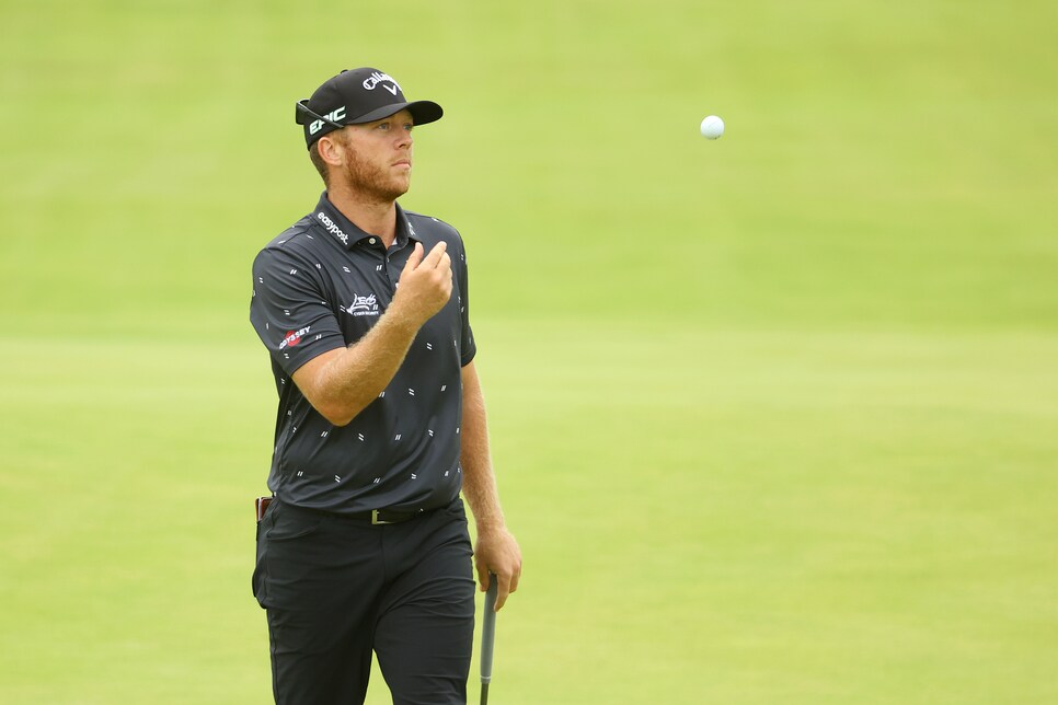 SANDWICH, ENGLAND - JULY 15: Talor Gooch of the United States reacts on the 18th hole during Day One of The 149th Open at Royal St Georgeâ  s Golf Club on July 15, 2021 in Sandwich, England. (Photo by Andrew Redington/Getty Images)