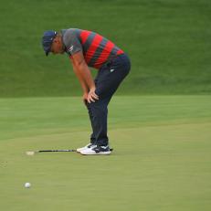 OWINGS MILLS, MD - AUGUST 29: Bryson DeChambeau reacts to a missed putt on the 17th green in the third playoff hole during the final round of the BMW Championship at Caves Valley Golf Club on August 29, 2021 in Owings Mills, Maryland. (Photo by Ben Jared/PGA TOUR via Getty Images)