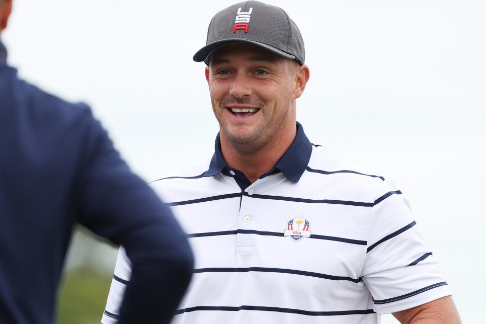KOHLER, WISCONSIN - SEPTEMBER 21: Bryson DeChambeau of team United States reacts prior to the 43rd Ryder Cup at Whistling Straits on September 21, 2021 in Kohler, Wisconsin. (Photo by Patrick Smith/Getty Images)